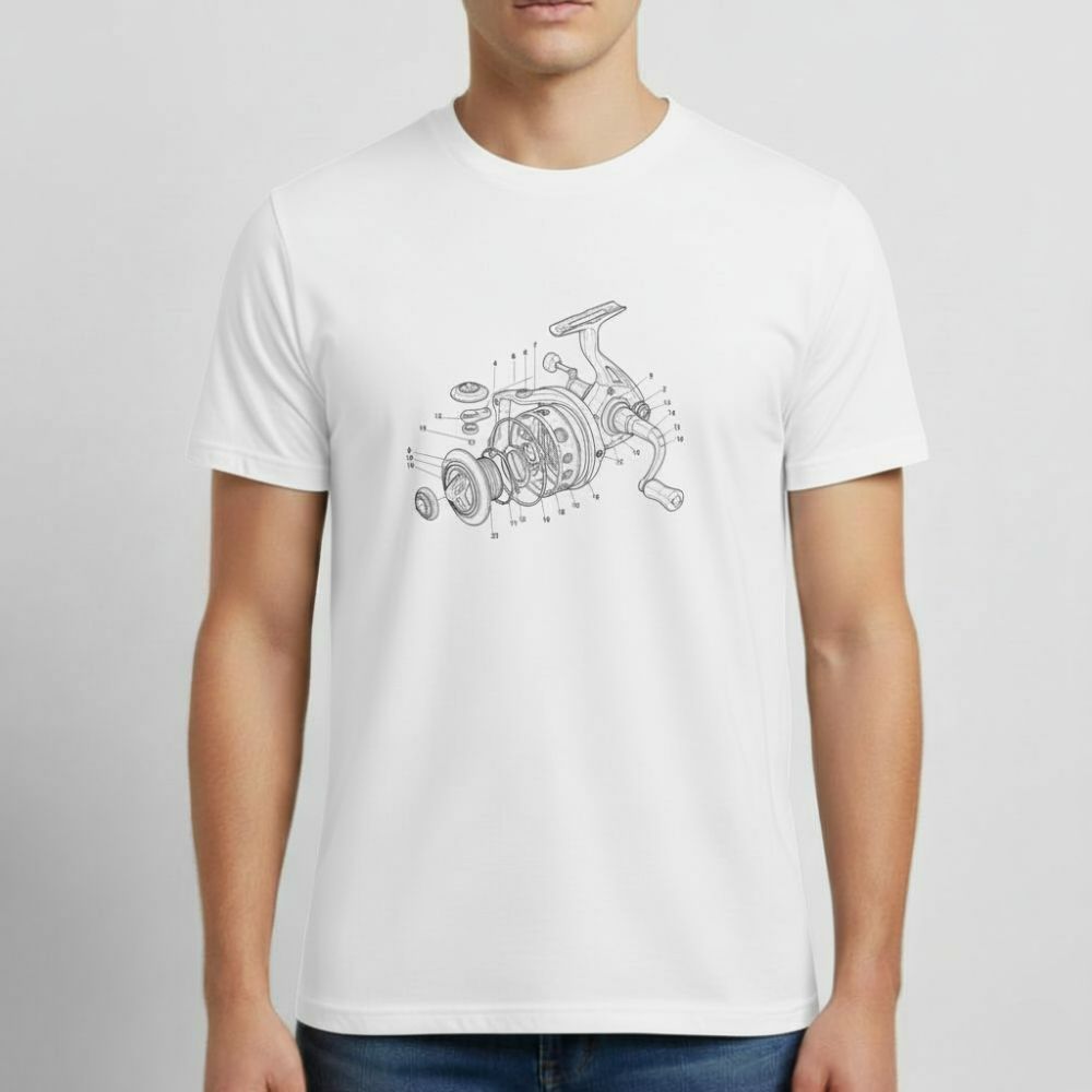 Exploded Reel – Spinnrollen-Bauplan T-Shirt Unisex