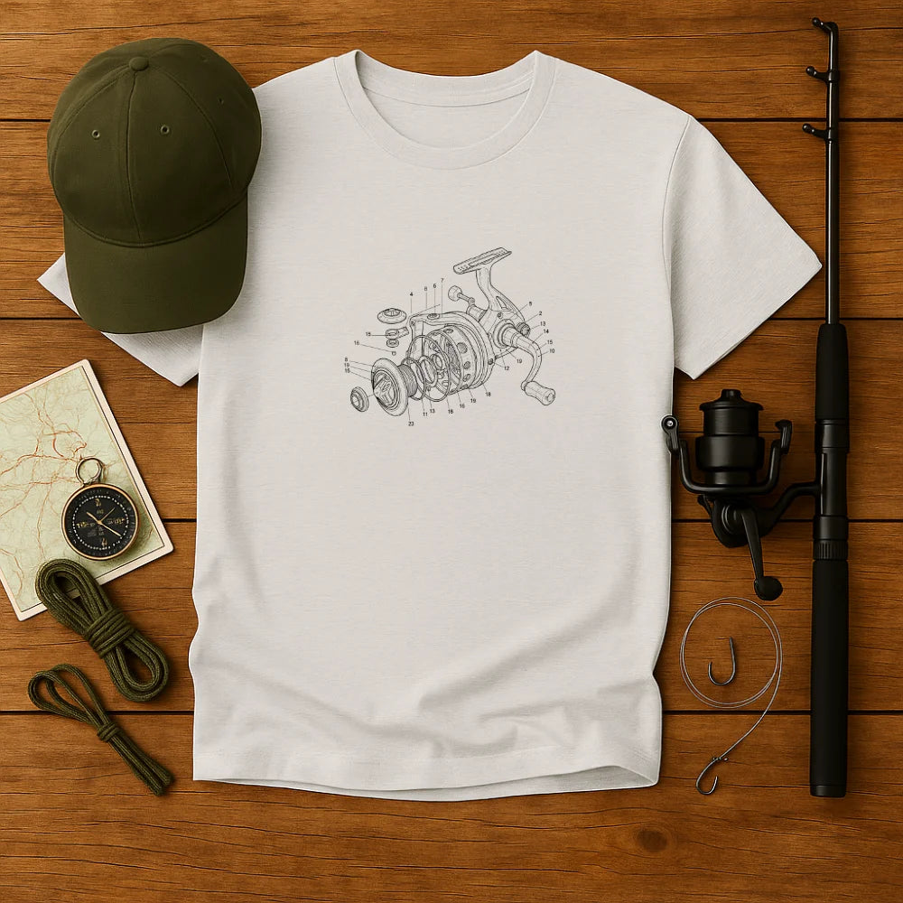 Exploded Reel – Spinnrollen-Bauplan T-Shirt Unisex